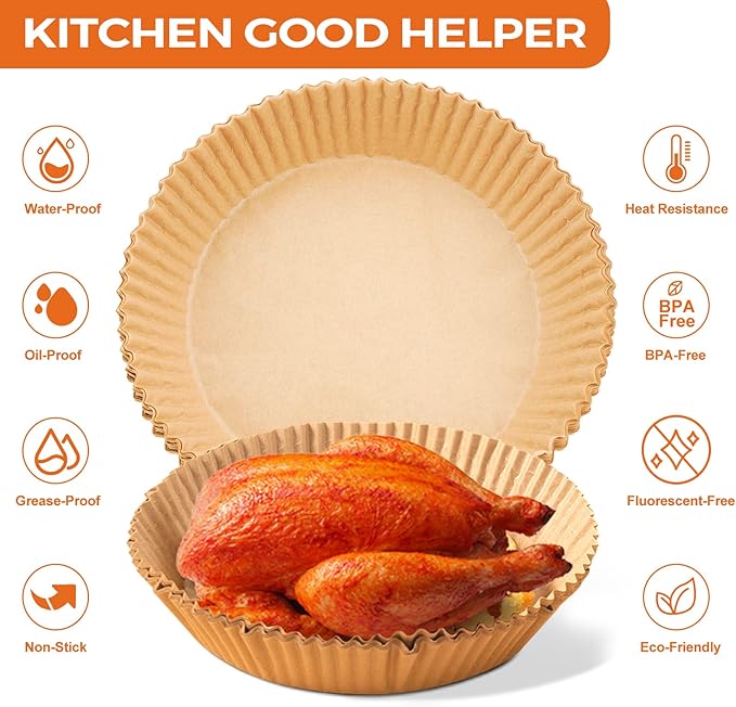 Air Fryer Paper Liners Disposable: 125PCS Non-Stick Air Fryer Parchment Paper, Food Grade Baking Liner for Baking Roasting Microwave (8IN-Round)