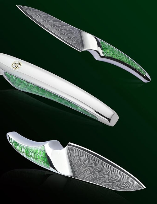 3.5 inch Paring Knife, Japanese VG-10 Damascus Steel Kitchen Knife, Ultra Sharp Fruit Knife with Full-tang Handle in Green Resin, LA-S9 Series