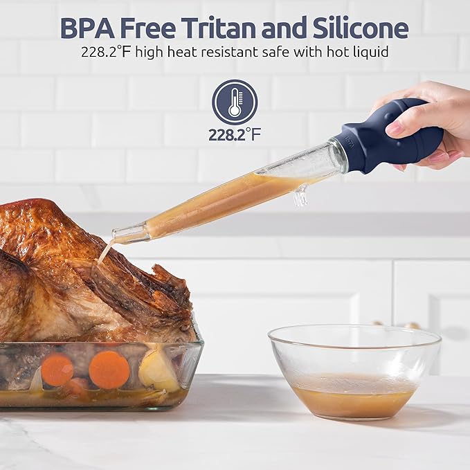 U-Taste 1.5oz Angled Turkey Baster - 228.2ºF Heat Resistant Food Grade Tritan and Silicone Large Octopus Bulb Baster Set with Cleaning Brush for Cooking Basting Meat Poultry Chicken (Midnight Blue)