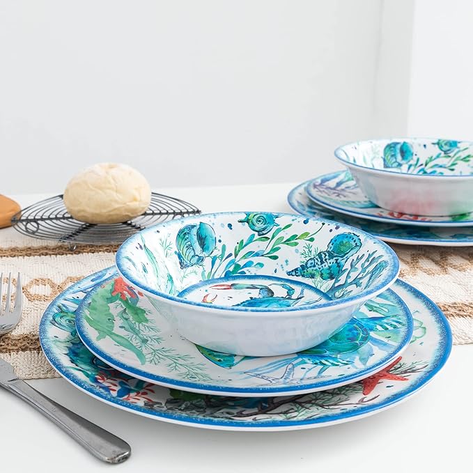 LEHAHA 12-Piece Melamine Beach Dinnerware Set, Coastal Plates and Bowls Sets, Oceanic Sea Life Dish Sets for 4, Great for Indoor Outdoor Dining on the Beach, RV, Camping or Cabin