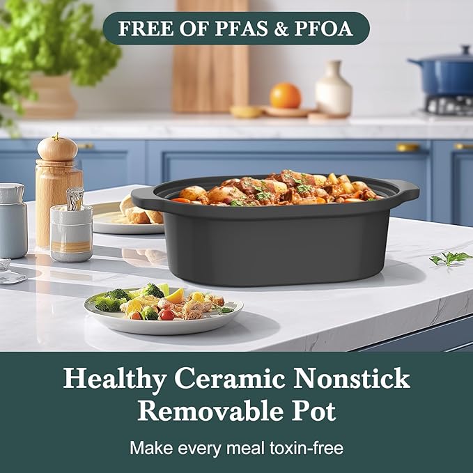 MAGNIFIQUE 6 Quart Programmable Slow Cooker Removable Healthy Nonstick Pot - Small Kitchen Appliance for Family Dinners - Serves 6+ People - Heat Settings: Keep Warm Olive