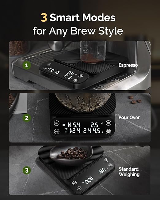 Maestri House S3 Coffee Scale with Timer, 3kg/0.1g Rechargeable Digital Scale, 3 Brew Modes, Adjustable Ratios & Flow Rate Display, Barista-Grade for Pour-Over, Espresso, French Press – Black