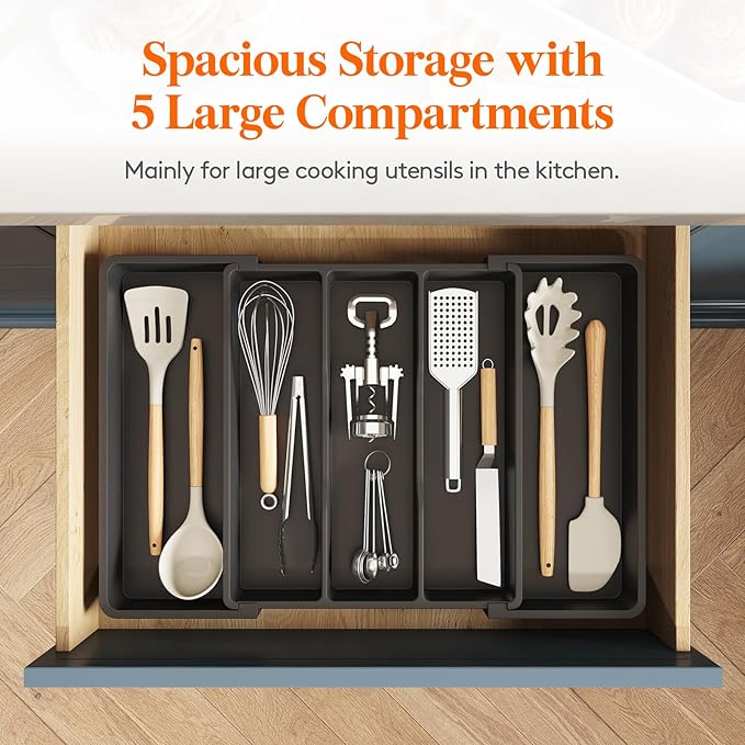 Lifewit Cooking Utensil Drawer Organizer, Expandable from 13 to 22.4 inches, Adjustable Cutlery Silverware Tray, Plastic Flatware Spatula Holder, Kitchen Tools Gadgets Storage Divider, Black
