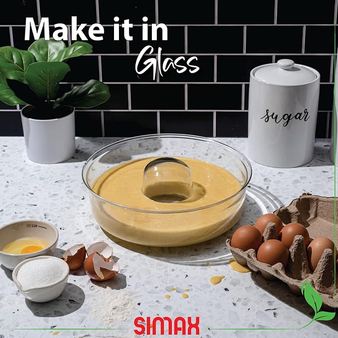 SIMAX Glass Bundt Cake Pan, Shallow (4.75”), Heat, Cold, and Shock Proof, Holds 2.1 Quarts (8.4 Cups), Made in Europe, Great for Ring Cakes, Puddings, Desserts, Monkey Bread, and More