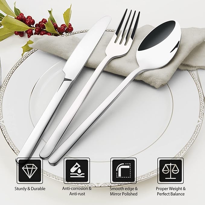 KINGSTONE Silverware Sets, 60 Piece Flatware Set for 12, 18/10 Stainless Steel Cutlery Set Mirror Polished Modern Design Dishwasher Safe