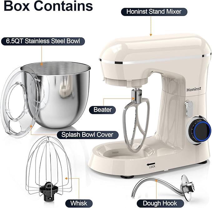 Stand Mixer, 6.5QT 10-Speed Tilt-Head Electric Stand Mixer, 3-In-1 Kitchen Mixer with Bowl, Dough Hook, Whisk and Beater, Food Mixer for Baking, Cake and Most Home Cooks, Beige