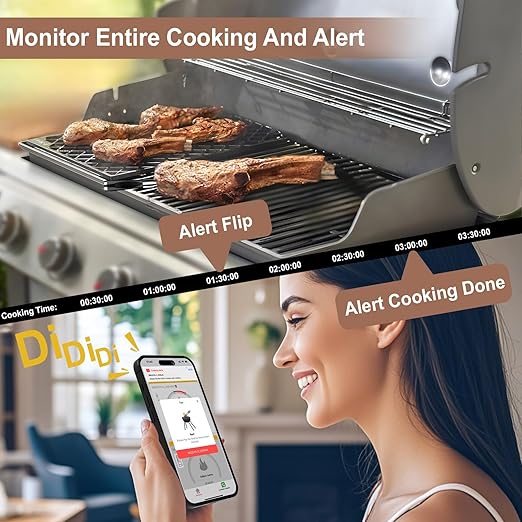 WiFi Bluetooth Wireless Meat Thermometer Unlimited Range, Check Temp Anywhere,7 NIST Certified Sensors with Ambient Temp, Monitor for BBQ, Grill, Oven, Smoker, Air Fryer (Black)