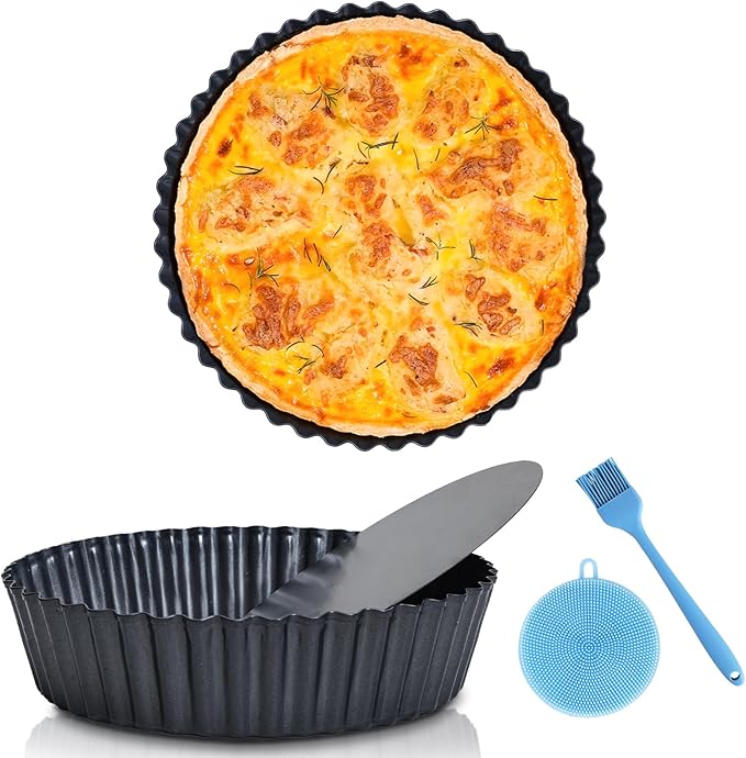 2 Pack 9.5 inches Pie Pan with Removable Bottom for Baking, Deep Quiche Tart Pan Non Stick for Oven, Fluted Pie Dish Plate Tin for Apple, Pot Pies, Cheesecakes and Desserts