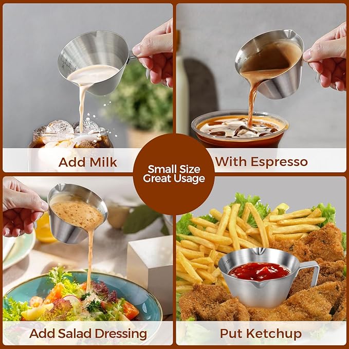 1Pc Stainless Steel Espresso Cups, Double Spout Metal Measuring Cup with Dual Scale, Espresso Shots Cup with Handle, Coffee Bean Weighing (White), 3.4oz/100ml