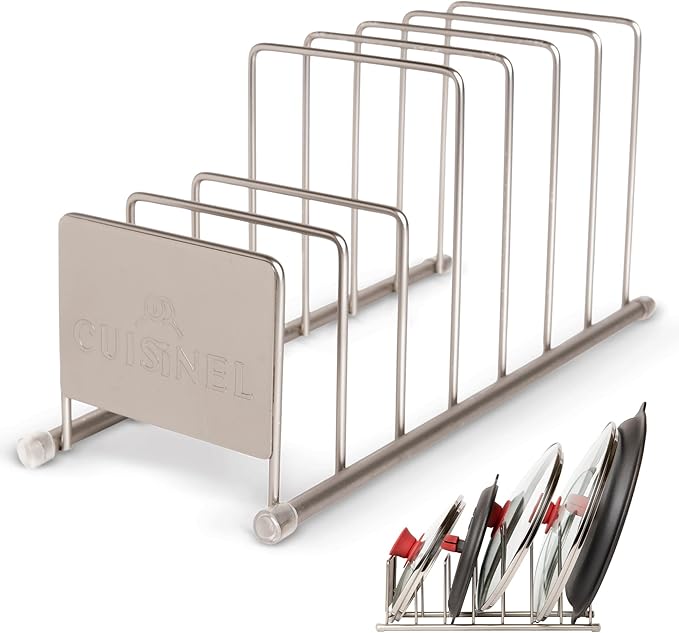 Cuisinel Lid and Dish Organizer Rack - Satin Nickel Silver Kitchen Storage Organization Stand - Plate Holder, Pan/Pot Covers, Cutting Board and Cookie Sheet Divider - 7-Tier Cabinet/Counter Display