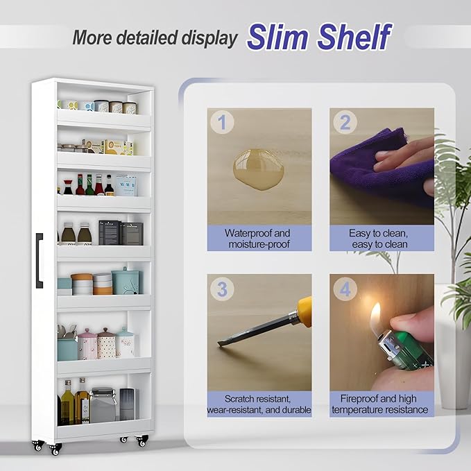 7-Tier Slim Storage Cart, Wooden Rolling Pantry Cabinet with Wheels, Narrow Shelf Organizer for Kitchen, Bakers Rack, Dining Room, Closet, Small Spaces Teak 47.2" H*7.8" W*23.6" D