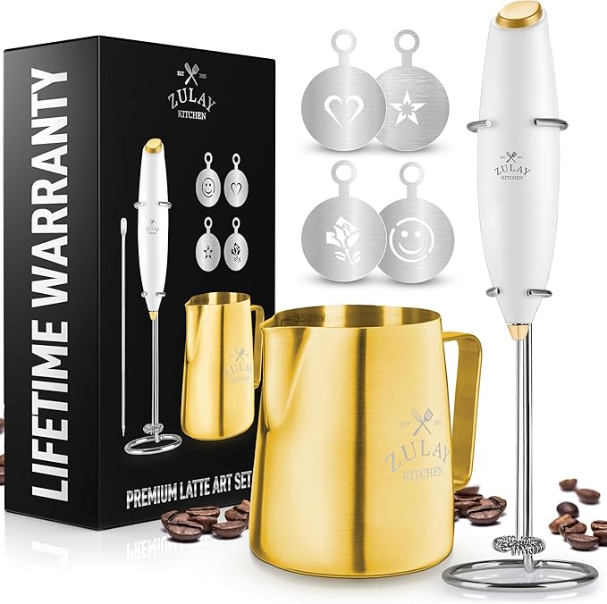 ZK Milk Frother Pitcher Stencil Stirrer Set - White Gold