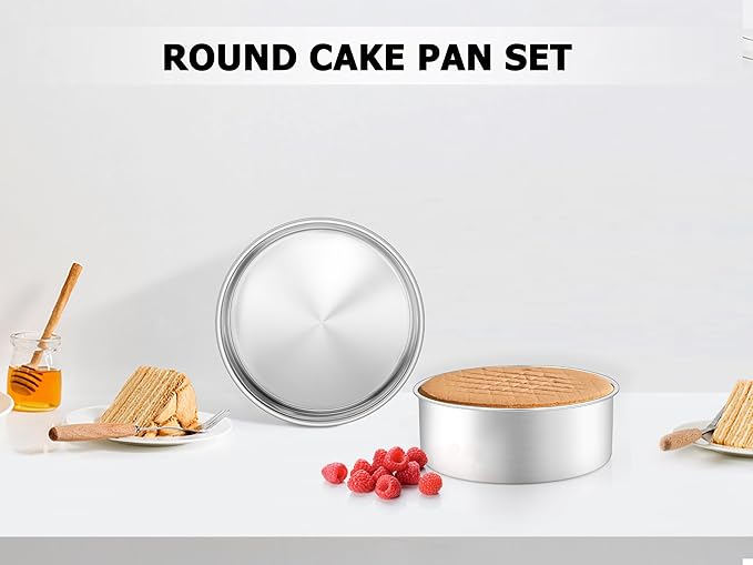 Leonyo 9½ Inch Cake Pan 2 Pack, Round Baking Pan Stainless Steel Layer Birthday Wedding Cake Oven Pans, Bakeware Set for baking, Even Heating, Non Toxic & Healthy, Heavy-Duty, Dishwasher Safe