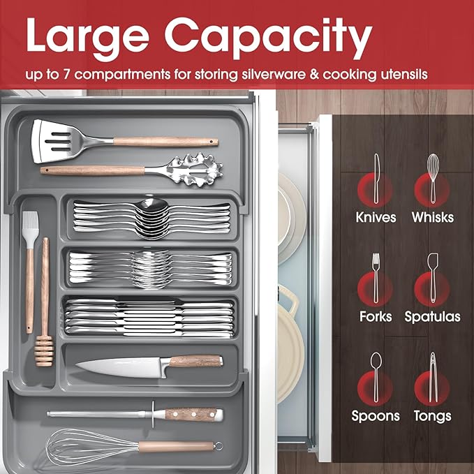 Aujen Silverware Organizer - Expandable Kitchen Drawer Organizer, Adjustable Utensil Organizer, Cutlery Tray for Forks, Knives, Multipurpose Kitchen Organizers and Storage Solution, Grey, Medium