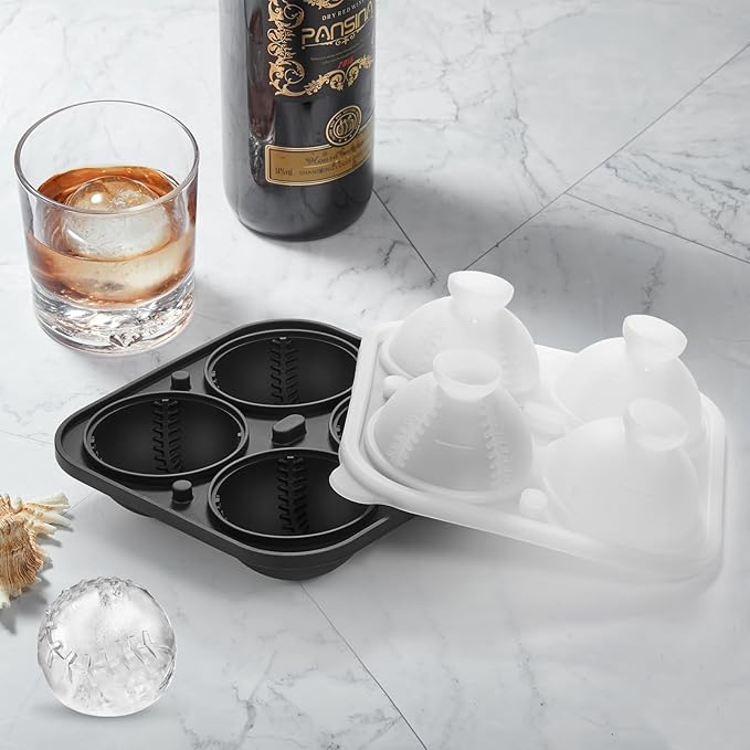 Novelty Baseball Gifts Ball Ice Maker Mold, 2.2" Large Sphere Round Ice Cube Mold for Cocktails, Whiskey, Bourbon Chilling, 4 Hole Fun Shapes Big Silicone Circle Ice Cube Trays