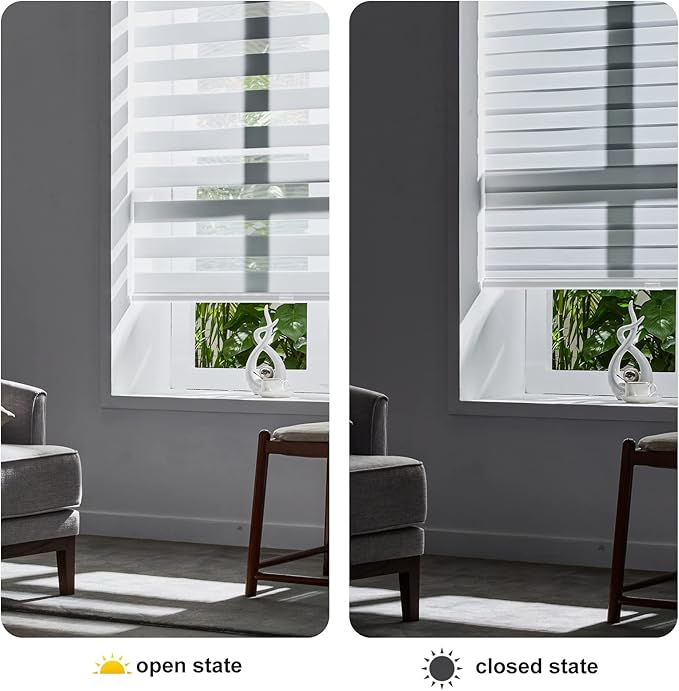 Persilux Cordless Zebra Blinds for Windows Free-Stop Roller Windows Shades (46" W X 64" H, White) Dual Layer Light Control for Day and Night, Light Filtering Sheer Shades for Home, Easy to Install