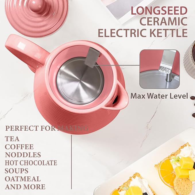 1.2 Liters Ceramic Electric Kettle with Infuser & Mug Set,1000W Fast Boil Water for Tea Coffee, Teapot with Boil-Dry Protection Auto Shut Off, Detachable Swivel Base