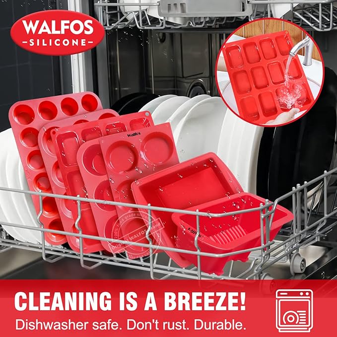 Walfos Silicone Mini Loaf pan, 12 Cavities Mini Bread Pan Brownie Pan, Food Grade & Non-stick, Ideal For Mini Bread, Brownie, Cornbread, Cheesecake & Chocolate, Set of 2