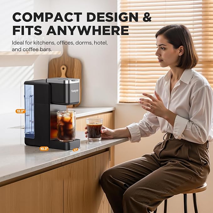 Single Serve Coffee Maker, Iced and Hot Coffee Machine for K Cup & Grounds, Compact Design, 40oz Removable Water Reservoir, 6 to 24 Oz Brew Sizes, Fits 7.3" Travel Mug, Black