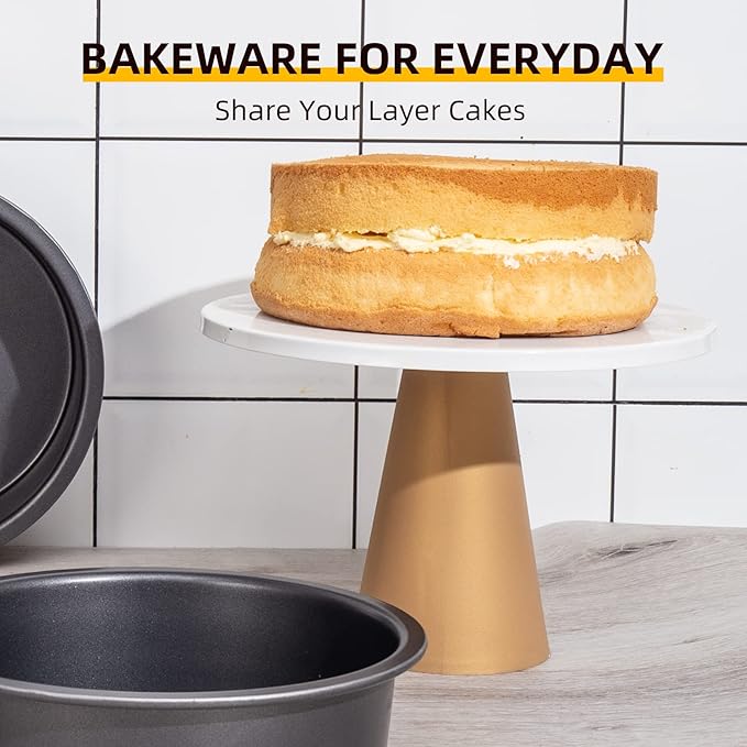 HONGBAKE Round Cake Baking Pan, 8 Inch, Shallow Cookie Pans, Layer Cake Pans with Wider Grips, Nonstick Circle Pizza Tin, Huty Duty, Dishwasher Safe, 2 Pieces- Grey
