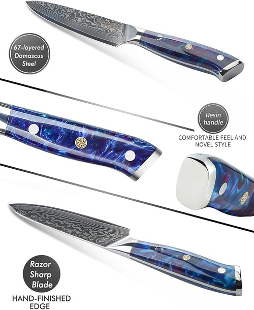 5 Inch Kitchen Utility Knife - Xuan Series - VG10 Damascus Steel Kitchen Knives - Resin Handle (Sapphire Blue)