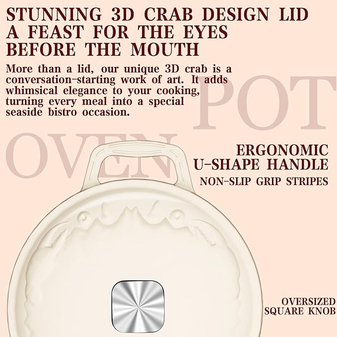 Enameled Cast Iron Dutch Oven - 5QT Dutch Oven Pot with Crab Lid & Oversized Knob & Ergonomic Handles - Heavy Duty Cookware for Braising, Stews, Roasting, Bread Baking - Cream White