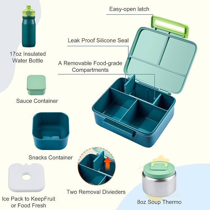 MAISON HUIS Bento Box for Kids with 8oz Soup Thermo, Leak-proof Lunch Food Containers with 5 Compartment, Insulated Lunch Bag & 17oz Stainless Steel Water Bottle for School, Trvael