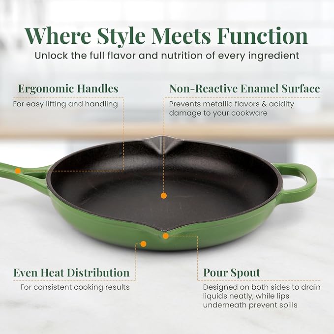 Larder & Vine Enameled Cast Iron Skillet | 10.25 inch Cast Iron Pan | Saute Pan with Pour Spouts | Enamel Coated Cast Iron Skillet | Compatible on All Cooktops & Oven Safe to 500° F | Okra