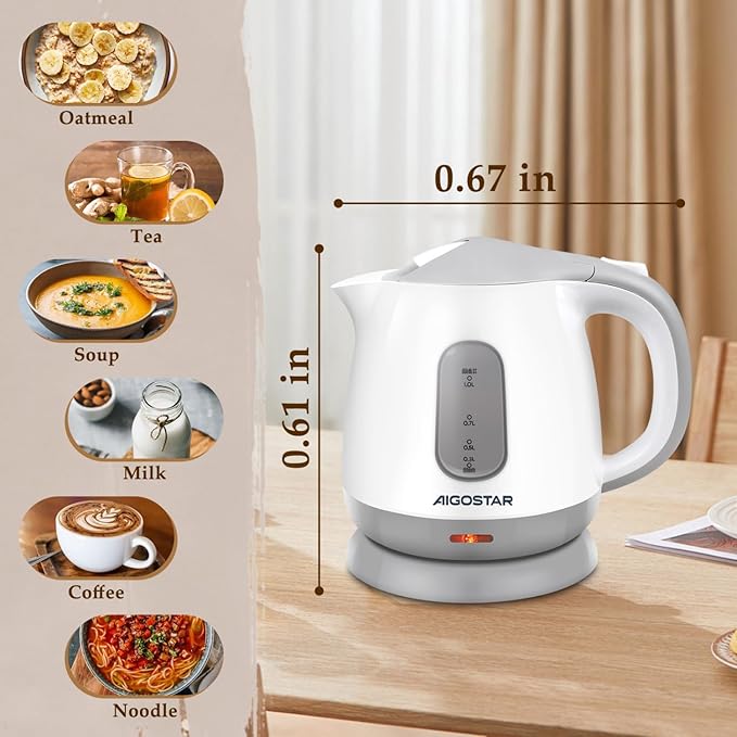 Aigostar Small Electric Kettle, 1L Portable Electric Tea Kettle 1100W with Automatic Shut-Off and Boil Dry Protection, Travel Hot Water Boiler Cordless for Making Coffee and Tea, BPA-Free, Grey