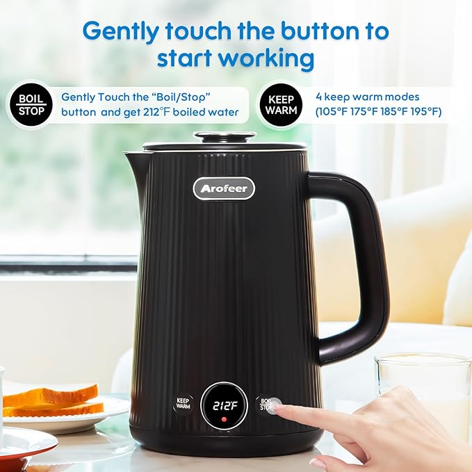 Arofeer® 1.7L(57oz) Large Electric Kettle Temperature Control, 7+Cups Electric Tea Kettle for Coffee&Tea, 2 quarts Big Hot Water Kettle Electric with,1200W,Keep Warm-Black