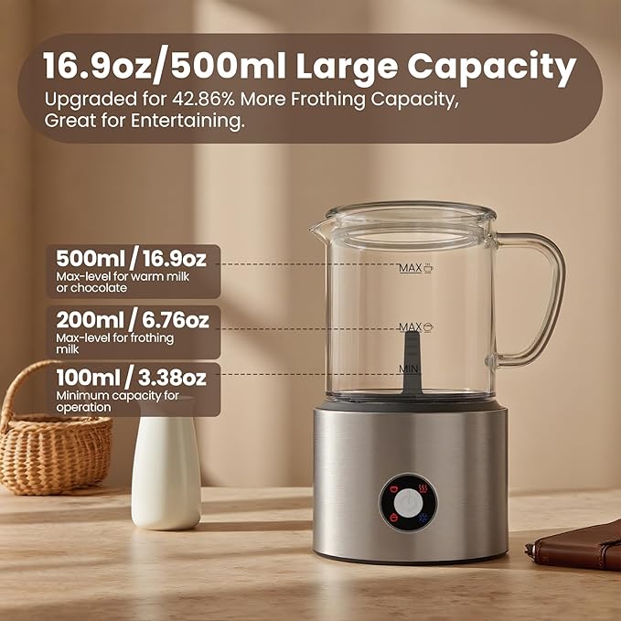 Detachable Milk Frother, 4 in 1 Milk Frother and Steamer Dishwasher Safe, Glass Frother 16.9oz Hot and Cold Foam Maker, Electric Milk Frother for Coffee, Latte, Hot Chocolate (Brushed)