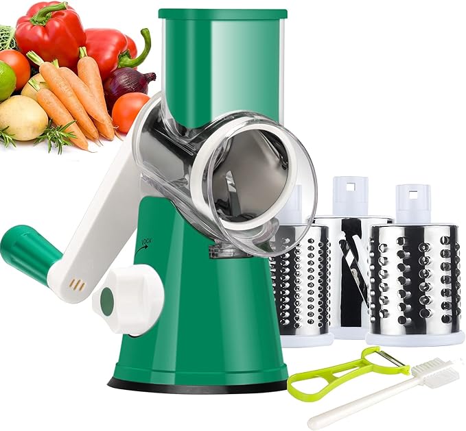 Ourokhome Rotary Cheese Grater Hand Crank, Kitchen Shredder Speed Mandolin Slicer Nut Grinder with Handle and Drum Blades for Cheese, Vegetable, Walnut, Chocolate, Potato, Carrot, 3 Blades, Emerald