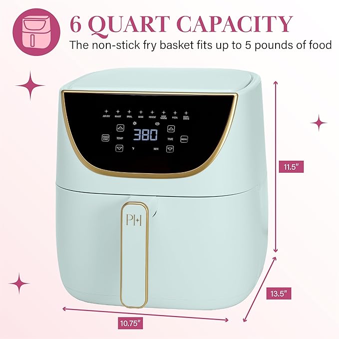 Paris Hilton Air Fryer, Large 6-Quart Capacity, Nonstick Made without PFAS, Touchscreen Display, 8-in-1 (Air Fry, Roast, Broil, Bake, Reheat, Keep Warm, Pizza, Dehydrate), Dishwasher Safe, Aqua