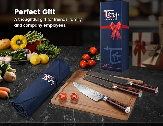 14pcs Chef Knife Set with Roll Bag, Professional Stainless Steel Japanese Knife Set with Pakkawood Handle for Professional Chef, Camping, Travel, BBQ, RV or Gift Blue