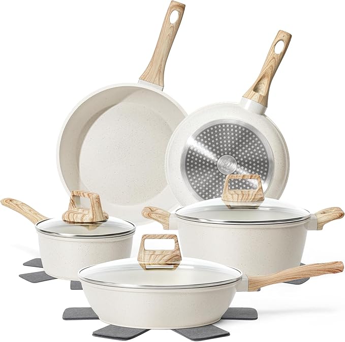12 Pcs Pots and Pans Set, Nonstick Cookware Sets White Granite Induction Cookware, Non-toxic Healthy Non Stick Kitchen Cooking Set with Frying Pans Set, Saucepans,Steamer (PFAS, PFOA, PFOS Free)