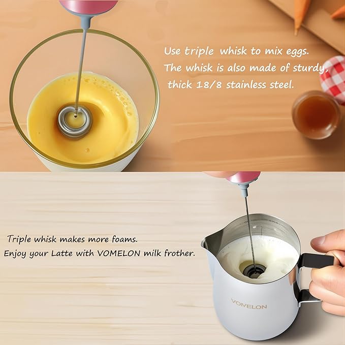Electric Milk Frother Handheld,Travel Coffee Drink Mixer Batteries Included, 304 Stainless Steel Whisk for latte Cappuccino,Bulletproof Coffee Hot Chocolate,Egg Rose Pink