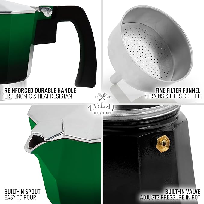 Zulay Kitchen Stovetop Espresso Maker - Moka Pot 6 Espresso Cups - Percolator Coffee Maker for Classic Cuban & Italian Style Espresso - Portable Coffee Maker for Camping & Travel - (Green/Black)