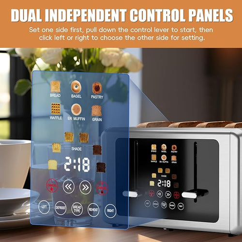 4 Slice Toaster, Touchscreen & Dual Independent Control Panel，5 Basic Functions & Digital Countdown Toasters, 6 Shade Settings＆6 Bread Types, Smart Bread Maker Mute/Screen-Off,Brushed steel