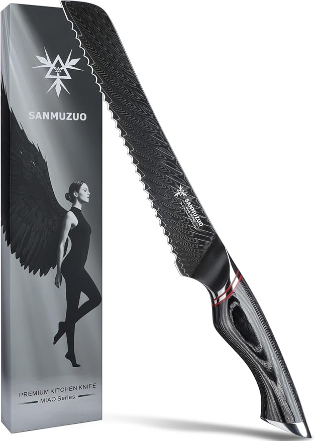 8 Inch Bread Knife Serrated Blade - Black Damascus Steel with Ergonomic Handle - MIAO Series