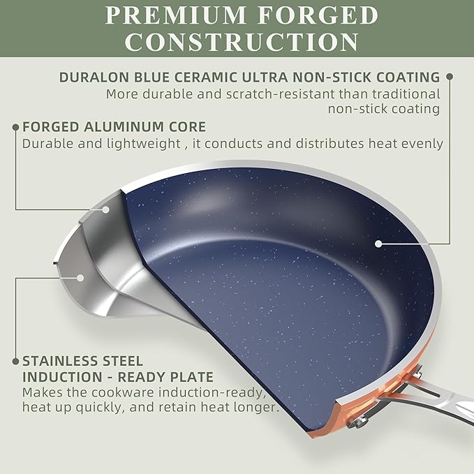 Nuwave 9pc Cookware Set Healthy Duralon Blue Ceramic Nonstick Coated, Diamond Infused Scratch-Resistant, PFAS Free, Oven Safe, Induction Ready & Evenly Heats, Tempered Glass Lids & Stay-Cool Handle