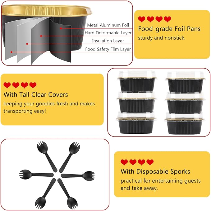 120pack 5oz Mini Cake Pans with Lids,LNYZQUS Disposable Ramekins Muffin Tins Cupcake Baking Cups,Small Aluminum Foil Brownie Baking Pan Containers Mini Cheesecake Holders-Black
