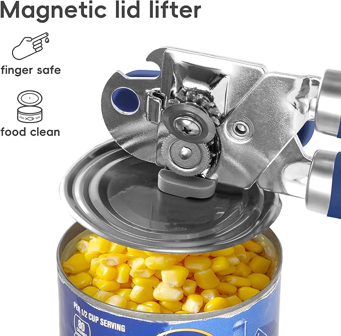 Can Opener Manual, UHIYEE Hand Held Manual Can Openers Heavy Duty with Smoother Cut Sharp Blade, Manual Hand Can Open with Soft Handle, Easy to Turn Knob, Magnetic Lid Lifter, Blue