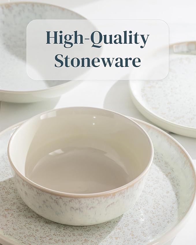 Stoneware dinnerware set 8 persons 32 pcs - Mediterranean dinnerware set, dishwasher, microwave and scratch resistant - Bowl and plate set - Dinnerware Pure Living Light Beige…