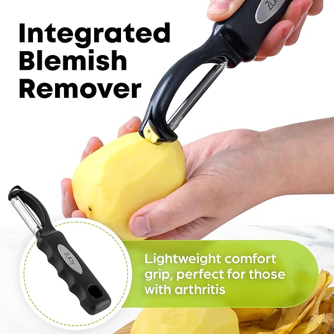 Zulay Kitchen Swivel Vegetable Peeler - Stainless Steel Potato & Veggie Peeler with Comfortable Grip - Built In Blemish Remover - Black