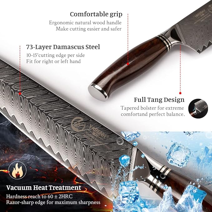 YARENH Knife Set with Magnetic Block 5 Piece, Professional Kitchen Knife Set, 73 Layers Damascus High Carbon Stainless Steel, Natural Sandalwood Handle, Sharp Chef Knife