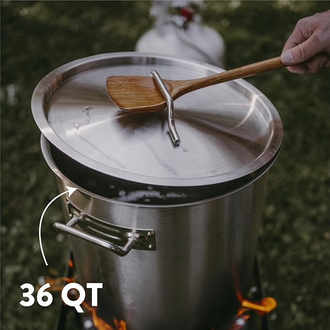 GasOne Stainless Steel Stockpot with Basket – 36qt Stock Pot with Lid and Reinforced Bottom – Heavy-Duty Cooking Pot for Deep Frying, Turkey Frying, Beer Brewing, Soup, Seafood Boil – Satin Finish