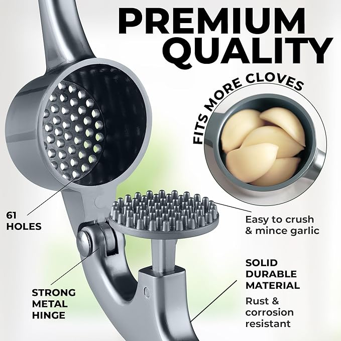 Zulay Kitchen Large Premium Garlic Press Set - Bigger Bowl for Bigger Garlic - Rust Proof & Dishwasher Safe Garlic Mincer Tool - Easy-Squeeze, Easy-Clean Silicone Garlic Peeler & Brush (Slate)