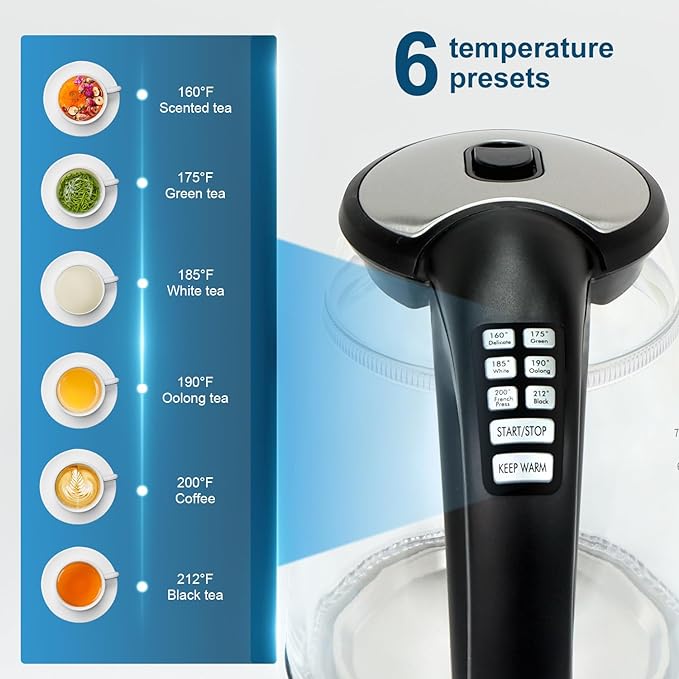 1500W Electric Kettle with Temperature Control - 6-Temp Presets for Tea/Coffee, Double Wall Cool-Touch, 4H Keep Warm, 1.7L Borosilicate Glass & BPA-Free, Fast Boil for Home/Office