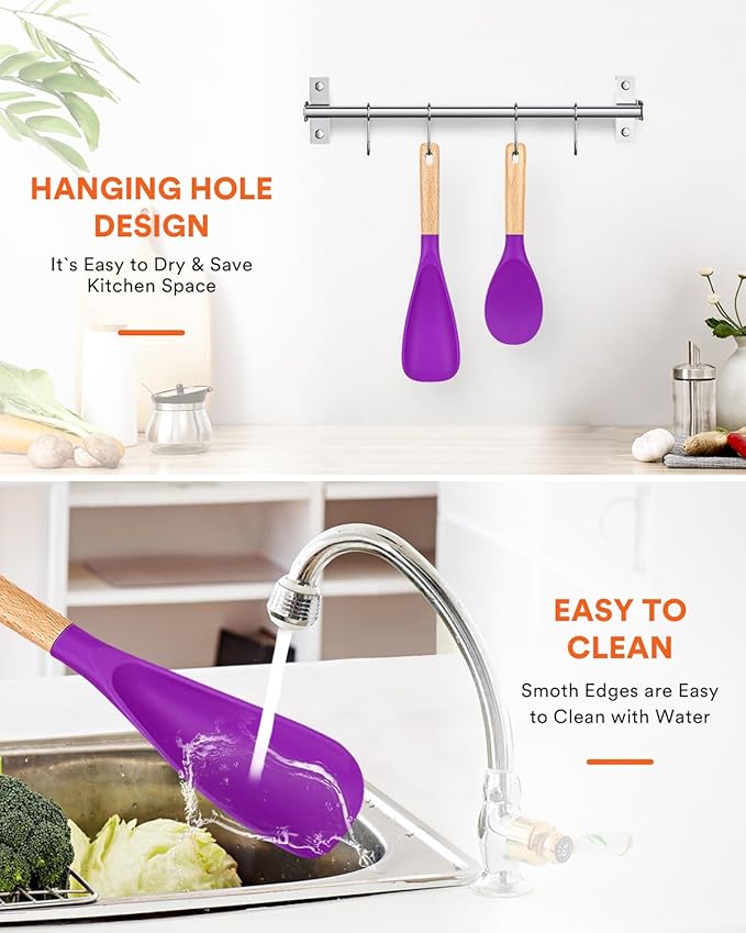Cooking Spoon and Rice Scooper for Nonstick Cookwares, Great for Cooking and Serving Sturdy BPA-Free Matte Silicone, Wood Handle Spoon for Mixing, Scoop, and Scrape (BERRY)