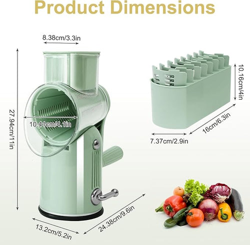 5 in 1 Cheese Grater with Rotary Hand Crank - Vegetable Chopper with Replaceable Stainless Blades, Strong Suction Base, Handle, Blade Storage Box, Easy-Clean Multipurpose Kitchen Slicer (Green)